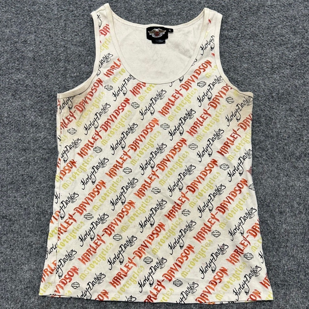 Harley-Davidson Tank Top Womens Size XL Cream All Over Print Glitter Ribbed Good